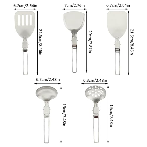 Camping Kitchen Utensil Set, 5Pcs Portable Foldable Stainless Steel Outdoor Cooking Utensil, Practical Folding Soup Ladles Strainer Spatula Kitchen Gear for Outdoor Camping