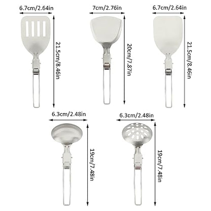 Camping Kitchen Utensil Set, 5Pcs Portable Foldable Stainless Steel Outdoor Cooking Utensil, Practical Folding Soup Ladles Strainer Spatula Kitchen Gear for Outdoor Camping