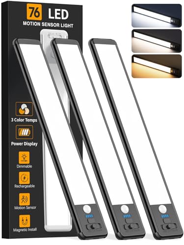 Under Cabinet Lighting Wireless, Rechargeable 10inch Motion Sensor Light Indoor, 3 Color Closet Light Battery Operated with LED Power Display, Magnetic Under Counter Lights for Kitchen (3Pack-Black) - color: Black, size: 10inch-3pack