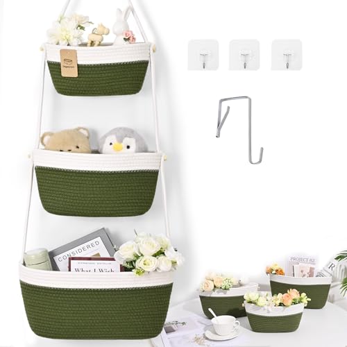 Hanging Basket, 3-Tier Woven Wall Basket with 4 Hooks, Cotton Rope Storage Baskets, Over the Door Organizer for Nursery, Bedroom, Cottage and Boho Wall Decor - color: Green, size: Classic