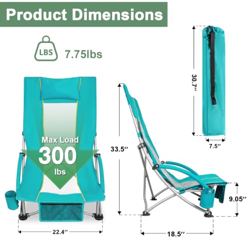 Romswi Compact High Back Beach Chair, Lightweight Low Seat Travel Chair, Beach Chair Fits in Suitcase, 400lbs Heavy Duty Folding Camping Chair with Cup Holder & Pocket, Green - color: Green - High Back