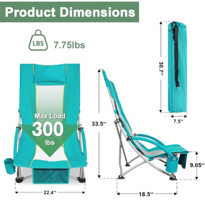 Romswi Compact High Back Beach Chair, Lightweight Low Seat Travel Chair, Beach Chair Fits in Suitcase, 400lbs Heavy Duty Folding Camping Chair with Cup Holder & Pocket, Green - color: Green - High Back