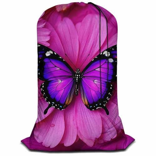 Swono Laundry Bag with Drawstring Closure Purple Butterfly, Foldable, Compact, Lightweight, 28" X 40" Beautiful Animal Wings Floral Petal Packable Dirty Clothes Bag for Home Dorm, Camp, Road Trip - color: Purple Butterfly