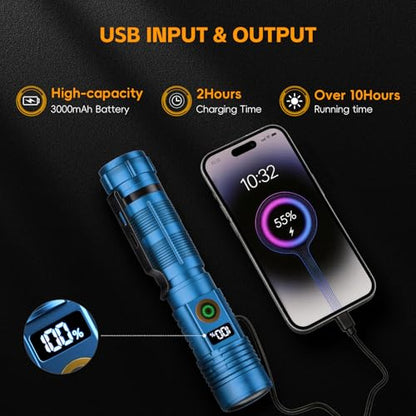 Hoxida Rechargeable Flashlights 2 Pack, 6 Modes Zoomable Powerful Tactical Linternas with LCD Digital Display, Super Bright High Lumens Handheld Magnetic Flashlights for Home Emergencies Camping - color: Blue