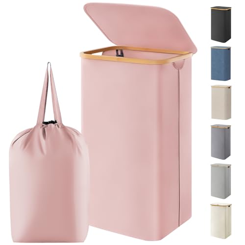 Lifewit 100L Laundry Basket with Lid, Clothes Hampers for Laundry with Bamboo Handles and 1 Removable Bag, Large Foldable Laundry Hamper for Bedroom, Bathroom, Dorm, Laundry Room, Pink - color: Pink, size: 100L