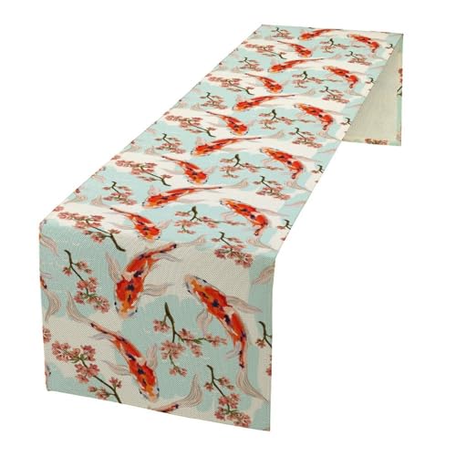 Koi Fish Table Runner Cherry Blossom Spring Summer Decor for Indoor Outdoor Party Dinner Festival Farmhouse Holiday Dining Room Home Kitchen Restaurant, 13x36in - color: Koi-green, size: 13x36in