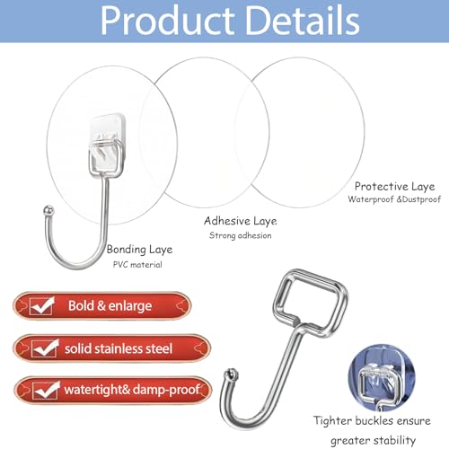 Heavy Duty Self Adhesive Hooks - 33lb Max Transparent Waterproof ,Strong adhesion for Hanging Wall Hooks,Adhesive Round Sticky Hooks for Bedrooms, Shower, Kitchens, Offices, Doors, Outdoor (5-pcs)