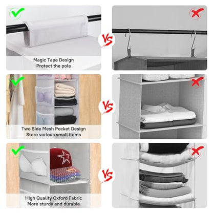 3-Shelf Hanging Closet Organizer, Space Saver, Closet Hanging Storage Shelves with Mesh Pockets & Magic Tap for Storage, Foldable-Grey