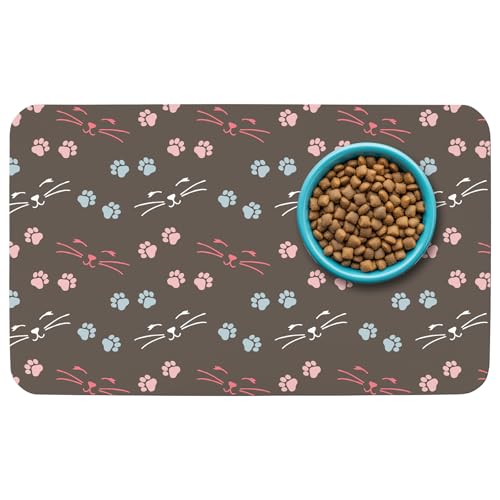 Patterned Cat & Dog Bowl Mat for Food and Water, 12""×20"" Quick Dry Absorbent Pet Feeding Mat, Eco-Friendly Dog Placemat - color: Dark Brown-catpaw, size: Small (12" x 20")