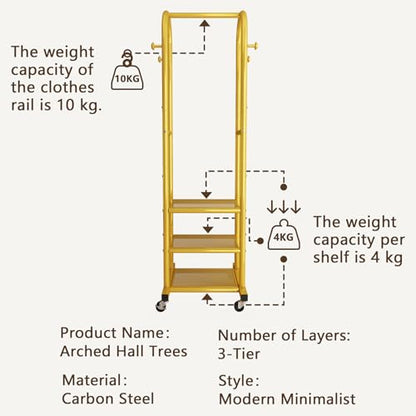 Dttwacoyh Metal Clothing Rack with Wheels and Hanging Hooks,Narrow Coat and Shoe Rack,Small Hall Tree,for Small Space, Bedroom, entryway, Walk-in Closet, Laundry Room-Gold - color: Gold