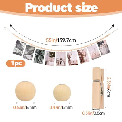 Hanging Photo Display Wall Decor with 9 Wood Clips, Boho Wooden Bead Hanging String Pictures Frame Collage Board, Multi Photo Wall Display for Bedroom Living Room Dorm Decor(Size:1 Pack)