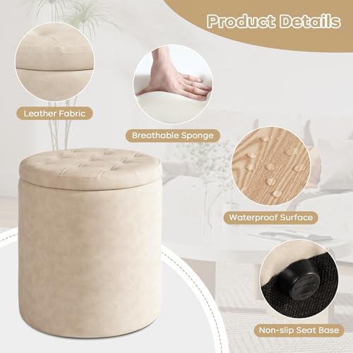 oakvivo Faux Leather Round Ottoman with Storage 12.6" W x 14.17" H & 14.76" W x 17.32" H Set of 2, Small Boucle Coffee Table Footstool with Removable Lid for Living Room, Bedroom, Beige - color: Beige