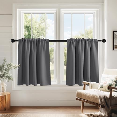 PONY DANCE Grey Short Window Curtains for Kitchen 24 inch Long, 2 Panels Set Half Window Drapes for Bedroom Basement, Blackout Small Curtains for Travel Trailers, Width 29 x Length 24 inches - color: Grey, size: 29"W x 24"L (Pack of 2)