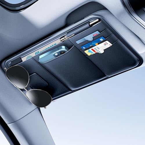 Car Visor Organizer, Premium Leather Sunglasses & Card Holder for Cars, Registration/Insurance Slot, Credit Card Pockets, Automotive Interior Organizer for Car Sun Visor (Black Leather)
