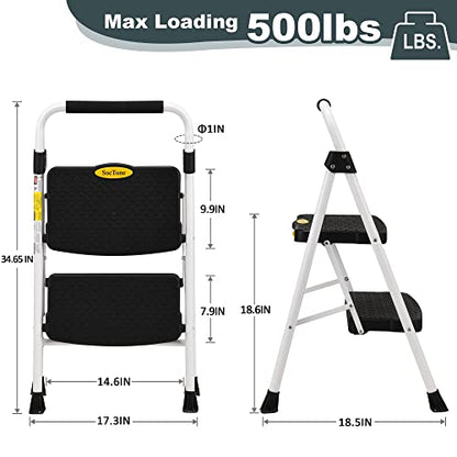 SocTone 2 Step Ladder, Folding Step Stool for Adults with Handle, Lightweight, Perfect for Kitchen& Household, 500lbs Capacity Sturdy Steel Ladder, White - size: 2-Step