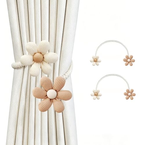 SRG Curtain Tiebacks for Curtains 2 Pack, Decorative Curtain Holdbacks for Drapes, Handmade Tie Backs No Drilling for Home Bedroom Window Decor – Flower Cream Brown - color: Flower Cream Brown
