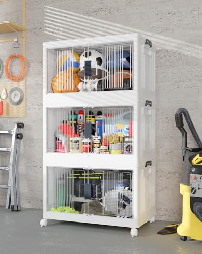 OlarHike 97QT Stackable Lockable Storage Bins with Lids - Folding Cabinet with Doors & Wheels, Collapsible Plastic Drawers for Closets and Organization, Garage, Shelves, College, School, 3 Pack Cubes - size: 97QT-White, style: 3Pack