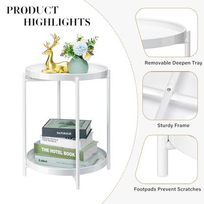 Danpinera 2 Tier Metal Side Table with Removable Tray - Round Accent Table, Anti-Rust White Nightstand for Bedroom, Balcony, Patio - color: White