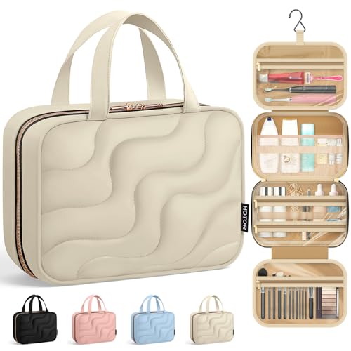 HOTOR Hanging Toiletry Bag - Spacious Travel Toiletry Bag for Women & Men, Multi-Pocket Makeup Organizer, Travel & Cruise Essentials for Business Trip, Gym, Beige, 12.6" x 9.9" x 4.3"