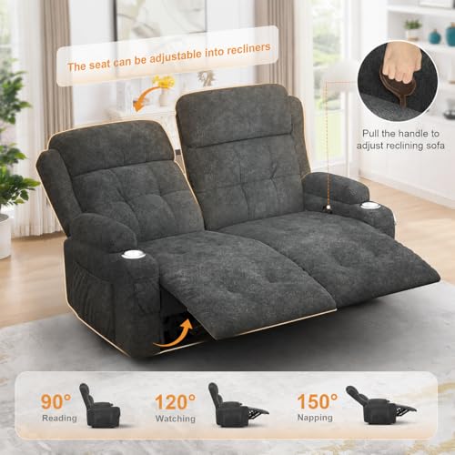 Reclining Loveseat, 55.1" RV PU Leather Wall Hugger Recliner Love Seats Sofa with Charging Station, Removable Armrest, Cup Holder, Double Recliners Couch, Manual Love Seat for Living Room - color: Fabric Gray, size: Hera - Loveseat