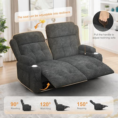 Reclining Loveseat, 55.1" RV PU Leather Wall Hugger Recliner Love Seats Sofa with Charging Station, Removable Armrest, Cup Holder, Double Recliners Couch, Manual Love Seat for Living Room - color: Fabric Gray, size: Hera - Loveseat