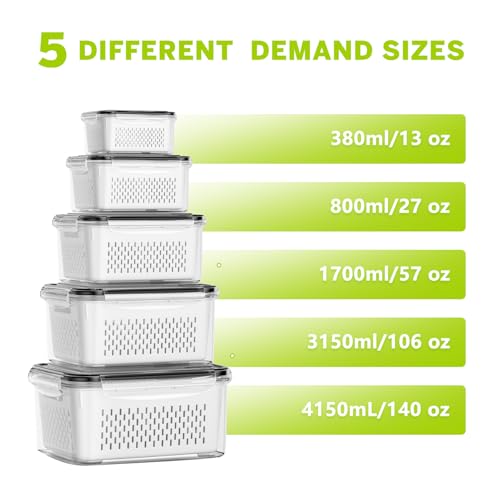 HOMETALL 5 Pack Fruit Storage Containers for Fridge, Plastic Fruit Containers for Fridge with Removable Colanders, Leakproof Fridge Organizers and Storage for Berry Vegetable Salad Lettuce Meat Food - size: 5 Pack