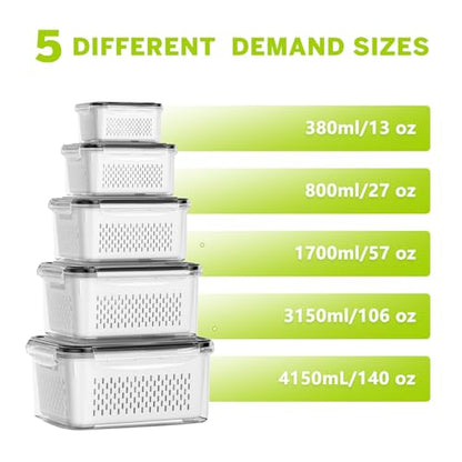 HOMETALL 5 Pack Fruit Storage Containers for Fridge, Plastic Fruit Containers for Fridge with Removable Colanders, Leakproof Fridge Organizers and Storage for Berry Vegetable Salad Lettuce Meat Food - size: 5 Pack