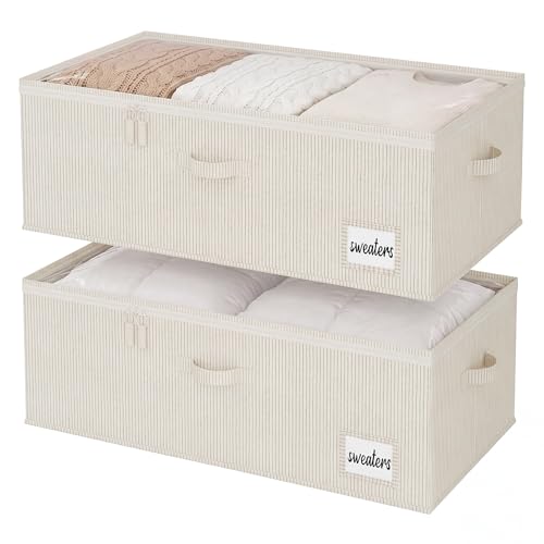 StorageWorks Under Bed Storage Bins, 10" Underbed Storage Containers with Clear Lid, Handles and Label Holder, 20.5 Gallon Storage Box for Clothes, Bedding, Blankets, Shoes, Baby Clothes, 2 Pack - color: Khaki & Brown Stripe