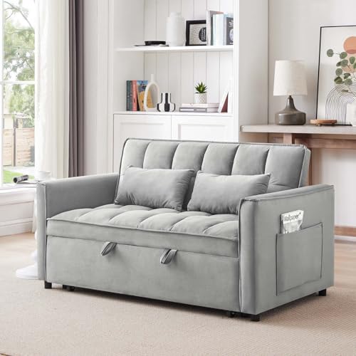 55" 3-in-1 Convertible Love Seat with Adjustable Back, Foldable RV Sofa Bed with Storage Bag, Modern Velvet Pull Out Couch for Small Spaces, Futon Two Seat for Living Room, Apartments(Light Gray, 55") - color: Light Gray, size: 55"