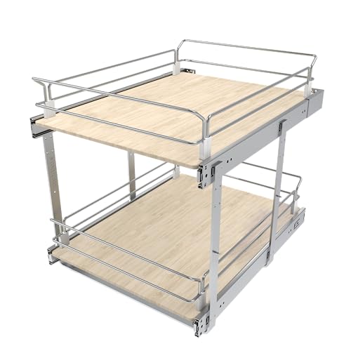 2 Tier Pull Out Cabinet Organizer 18" W X 22" D, Slide Out Drawers For Kitchen Cabinets, Pull Out Drawers For Cabinets Capacity Heavy Duty Caddy, Cabinet Pullout Shelves Wood Chrome, Pantry Storage - color: 2 Tier, size: 17''W×22''D