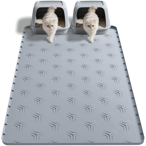 JUJOMAT Cat Litter Box Mat, 34"×22" Waterproof Silicone Cat Litter Trapping Mat Non-Slip Gray Kitty Litter Mat for Indoor Cats, Rubber Pet Food Mats with Lip Easy to Clean & Soft - size: 34"L x 22"W