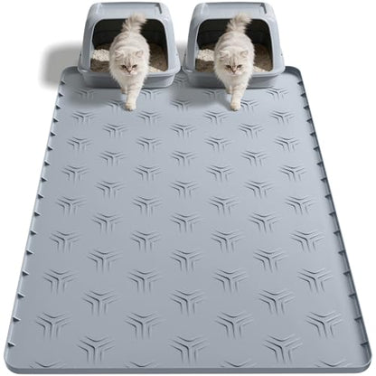 JUJOMAT Cat Litter Box Mat, 34"×22" Waterproof Silicone Cat Litter Trapping Mat Non-Slip Gray Kitty Litter Mat for Indoor Cats, Rubber Pet Food Mats with Lip Easy to Clean & Soft - size: 34"L x 22"W