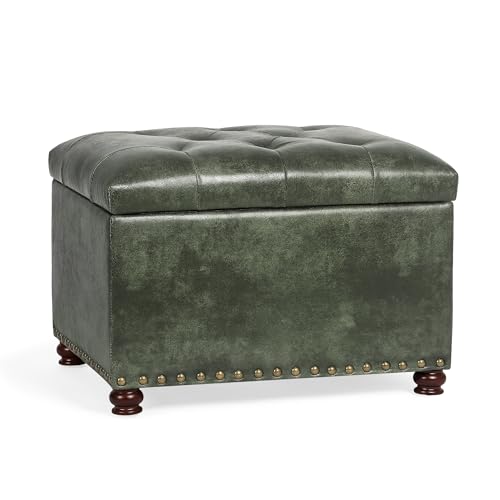 Leather Ottoman with Storage,24’’Foot Rest Ottomans with Hinged Lid Rectangle Upholstered Foot Stools Nailhead Trim for Living Room Bedroom,Green - color: Green