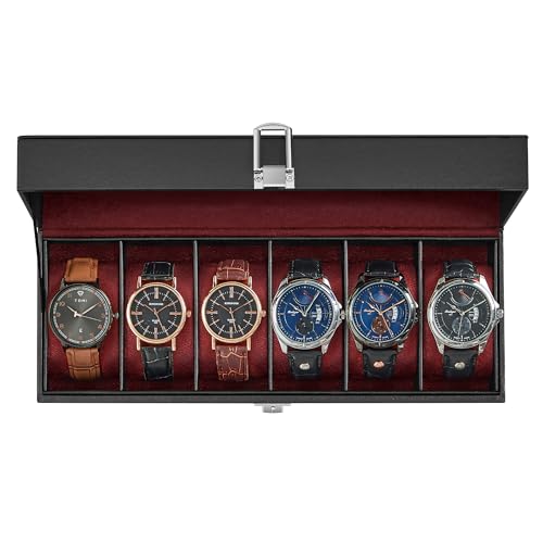 SONGMICS Watch Box, 6-Slot Watch Case Organizer with Large Glass Lid, Removable Pillows, Fathers Day Gift for Dad, Black Synthetic Leather, Wine Red Lining UJWB006R01 - color: Black + Wine Red, size: 6 Slot