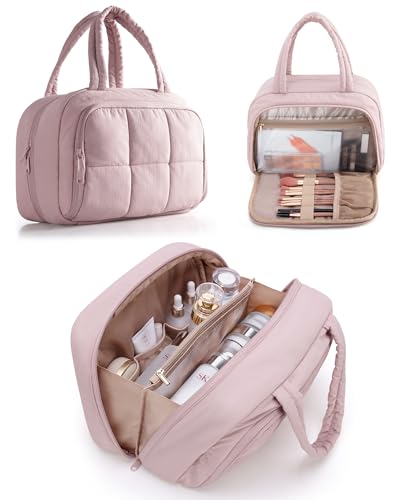 Marscamd Travel Makeup Bag for Women, Puffy Cosmetics & Toiletry Organizer with Leakproof Pockets for Travel-Size Shampoo, Conditioner, Brushes & Essentials - Medium Size, Pink (Bag Only) - color: Pink