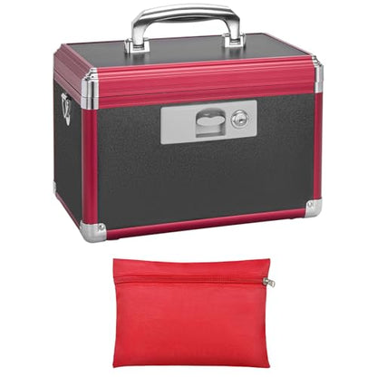 LOCKCURX Secure Medicine Lock Box with Key, Childproof Metal Medication Storage Organizer for Home & Travel, Layered Aluminum First Aid Box, Portable & Durable – 15" x 8.7" x 9.4" Black & Red