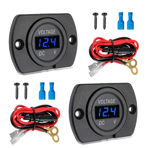 2 Pack DC 12V 24V Waterproof Car Voltmeter with Blue LED Digital Display Panel and Mounting Plate Round Voltage Gauge Meter with Terminal for Boat Marine Motorcycle Truck(Blue Light) - color: Blue