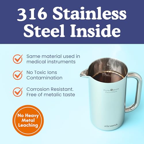 Ziruma Non-Toxic Stainless Steel French Press, Plastic-Free, 34 oz | Surgical-grade steel, heavy metal-free. 4-layer filter, grit-free. Double-wall insulated coffee maker, stays hot. Portable.