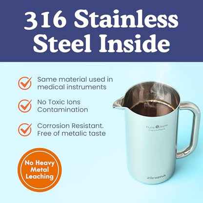 Ziruma Non-Toxic Stainless Steel French Press, Plastic-Free, 34 oz | Surgical-grade steel, heavy metal-free. 4-layer filter, grit-free. Double-wall insulated coffee maker, stays hot. Portable.