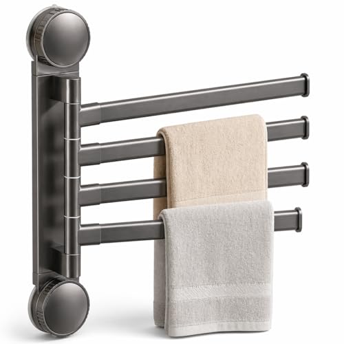 Swivel Towel Rack, 4-Arm Suction Cup Towel Holder, Thicken Aluminum Swing Out Towel Bar, Rustproof Space Saving Towel Hanger for Bathroom and Kitchen (Gun Grey)