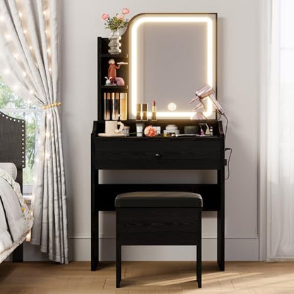 LIKIMIO Small Makeup Vanity Desk with Mirror and Lights, Vanity Table Set with Storage Drawer, Chair and Three Shelves, Bedroom, Black - color: Black