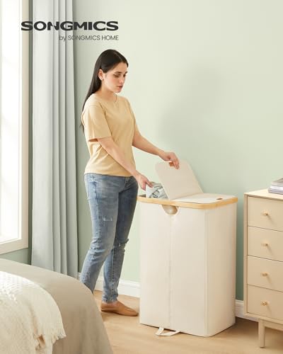 SONGMICS Laundry Hamper with Lids, Laundry Basket with 2 Compartments, 39 Gal. (150 L), Removable Liner Bag, for Laundry Room, Bedroom, Living Room, Cream White and Light Bamboo ULCB523W01 - color: Cream White, size: 150L (2-Section with Double Lid)