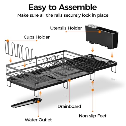 Delamu Stainless Steel Dish Drying Rack, Expandable Dish Drainer, Anti-Rust Large Dish Racks for Kitchen Counter, Dish Strainers with Drainboard, Utensil & Cup Holder, 13.4"-28.7" L x 11.8" W, Black - color: Black