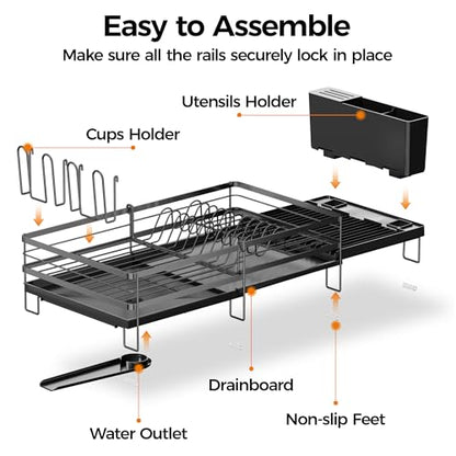 Delamu Stainless Steel Dish Drying Rack, Expandable Dish Drainer, Anti-Rust Large Dish Racks for Kitchen Counter, Dish Strainers with Drainboard, Utensil & Cup Holder, 13.4"-28.7" L x 11.8" W, Black - color: Black