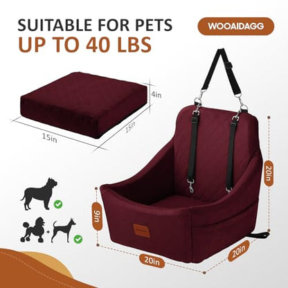WOOAIDAGG Dog Car Seat for Medium Sized Dogs Up to 40lbs,Comfy Pet Travel Car Bed with Seat Belt Channle,Fully Detachable and Washable,Adjustable Straps,2 Side Pockets,Easy to Install (Red) - color: Red