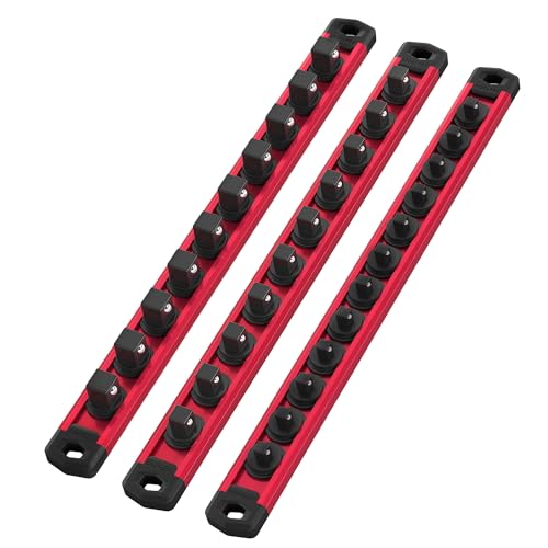 WORKPRO Magnetic Socket Organizer Set, 3-Piece Aluminum Alloy Socket Rail, Heavy Duty Socket Holder, Socket Rack Kit 1/4-Inch x 12 Clips, 3/8-Inch x 10 Clips, 1/2-Inch x 10 Clips (Red) - color: Red, size: 3 Pieces-1/4", 3/8", & 1/2" DR