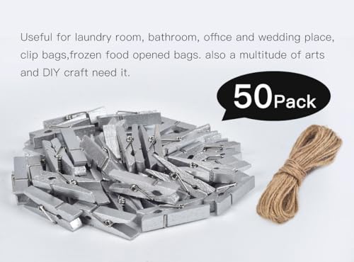50pcs Silver Wooden Clothes Pins for Photos - 1.38inch Wood Clothespins Card Clips Photo Clips Clamp Natural Wooden Peg Pin Compatible Baby Shower,Gift Wrapping, Picture Hanging, Arts&Crafts - color: Silver, size: 3.5*0.7cm