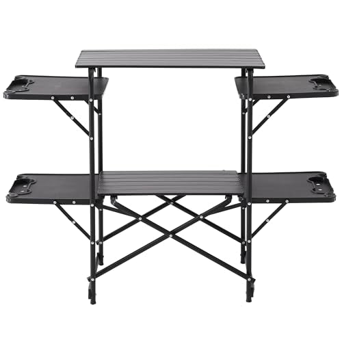 Slim-Fold Camping Kitchen Table, Metal Folding Portable Outdoor Cook Station with 4 Side Tables, 2 Storage Shelves & Carrying Bag, Heat Resistant for Picnic BBQ,Upgraded Black - color: Upgraded Black