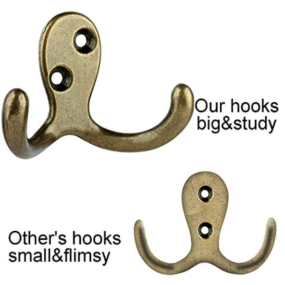 IBosins 10 Pack Heavy Duty Double Prong Coat Hooks Wall Mounted with 20 Screws Retro Double Hooks Utility Hooks for Coat, Scarf, Bag, Towel, Key, Cap, Cup, Hat - color: 10 Pcs Antique Brass