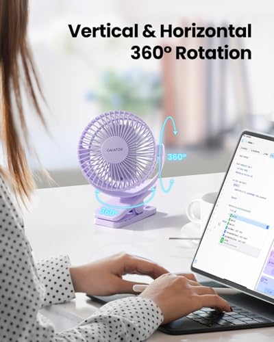 Gaiatop Portable Clip on Fan Battery Operated, Small Powerful 3 Speed Quiet 360° Rotate, USB Rechargeable Mini Personal Cooling Fan for Desk Table Home Office Stroller Camping Women Gifts Purple - color: light purple